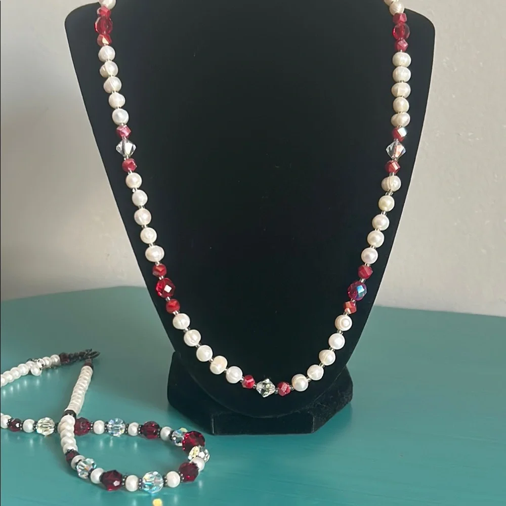 Hand Crafted Classic White Freshwater Pearl and Red Faceted Beaded Necklace Set